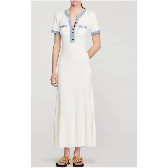 SANDRO ALECIA KNIT AND DENIM MIDI DRESS RIBBED NWOT- SIZE EU- 42/US-MEDIUM - Picture 1 of 14